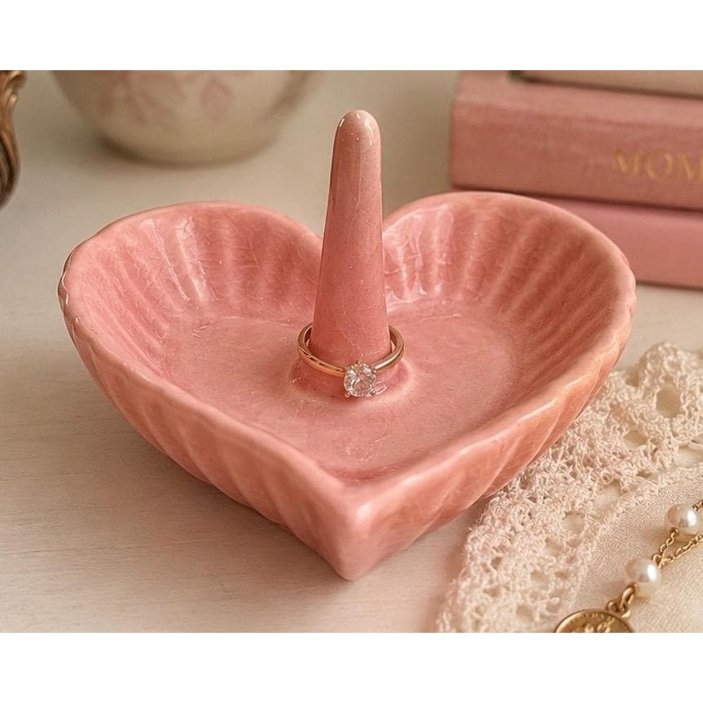 Vintage Pink Heart Ring Holder Dish Cottagecore Grandmillennial Coquette
